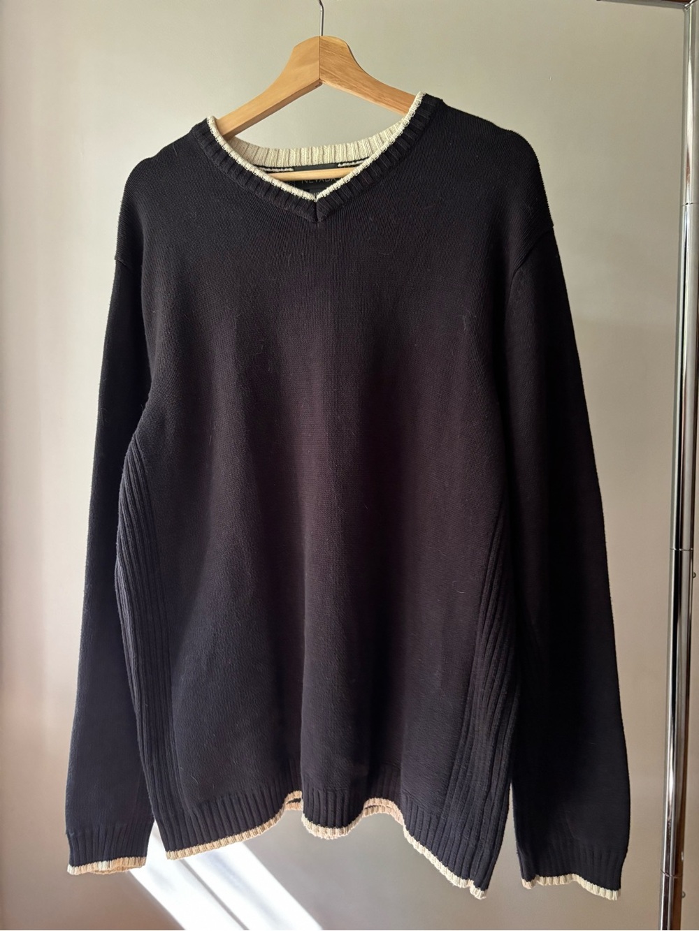 Y2K Navy Blue & Cream Trim Cotton Sweater